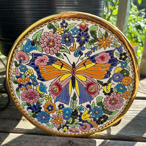 CEARCO PINTADO A MANO 24K ENAMEL POTTERY BUTTERFLY Wall Hanging Plate 8.5" - Picture 15 of 16